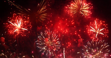 Red Firework celebrate anniversary happy new year 2024, 4th of july holiday festival. red firework in night time celebrate national holiday. Countdown to new year 2024 festival party time eventの写真素材