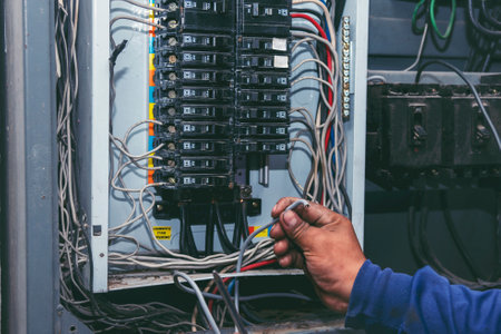 Inspector men hands working switchboard machinery maintenance service. Electrical mechanic technician check wire electric cabinet.  Electrician circuit repair voltage operation. Men hands fix breakerの写真素材