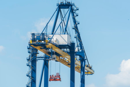 Engineering shipping crane depot at logistic export terminal control. Warehouse freight background...