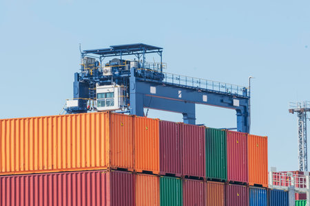 Engineering shipping crane depot at logistic export terminal control. Warehouse freight background...