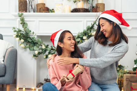 Two Women siblings using hands decorate Christmas tree red ball, bauble, snow flake. Close up hands holding red ball bauble decorate. Asian woman friends decor bauble ball christmas tree xmas holidayの写真素材