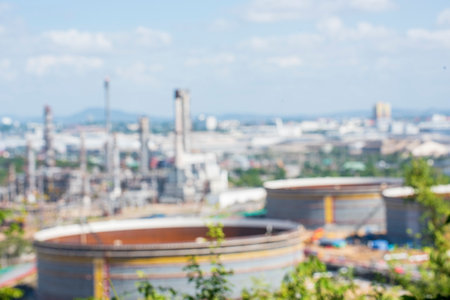 Oil refinery gas petrol plant industry with crude tank, gasoline supply and chemical factory. Petroleum barrel fuel heavy industry oil refinery manufacturing factory plant. Refinery industry conceptの写真素材