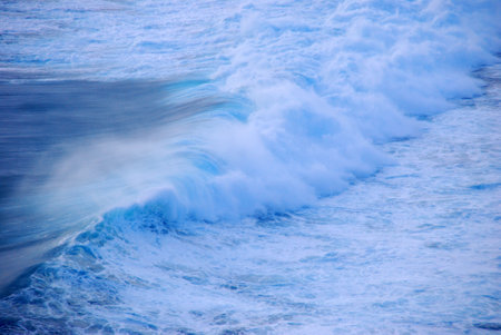 Blue sea marine ocean seascape tropical huge wave on blurred background. Seascape blue ocean white wave motion outdoor. Aqua marine huge wave sea summer background. Paradise turquoise water landscapeの写真素材