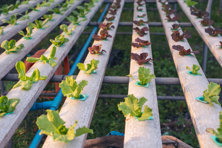 Salad farm vegetable green oak lettuce. Close up fresh organic hydroponic vegetable plantation produce green salad hydroponic cultivate farm. Green oak lettuce salad in green Organic plantation Farmの写真素材