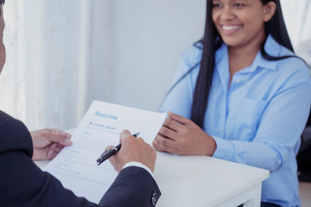Business people job interview by HR officer shaking hands in office smiling face with happiness....