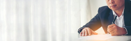 Banner Businessman hand using pen signing new contract starting projects in conference room....
