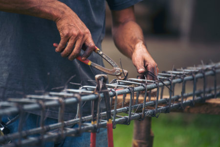 Construction Men hands bending cutting steel wire fences bar reinforcement of concrete work. Worker hands using pincer pliers iron wire. Outdoor Worker using wire bending pliers, construction workの写真素材