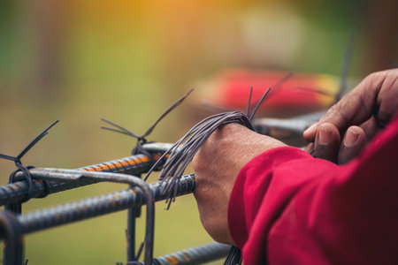 Men hands using pincer pliers iron wire reinforcement of concrete work. Construction Worker hands bending cutting steel wire fences bar. Outdoor Worker using wire bending pliers, construction work.の写真素材