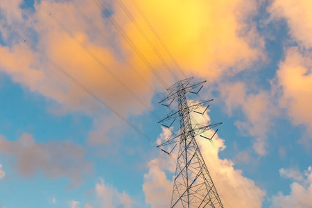 High voltage pole electric wiring distribution landscape energy engineering. Electricity energetic...
