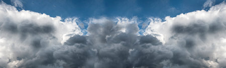 Banner Dramatic dark storm clouds black sky background. Dark thunderstorm clouds rainny season. Panorama Meteorology danger windstorm disasters climate. Dark cloudscape storm cloud with copy space.の写真素材
