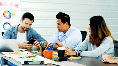 Happiness diversity business team meeting corporate office desk in company meeting room. Asian team...