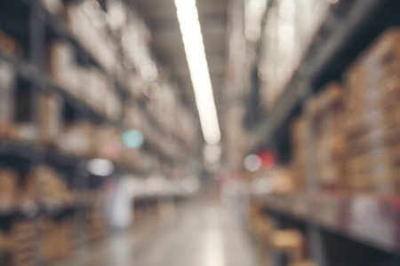Warehouse background storage inventory shelf with freight container aisle space. Goods supply lot shelf cardboard store box pallet. Commercial packaging on steel rack. Aisle in storehouse inventoryの写真素材