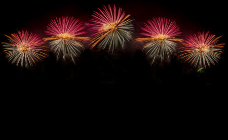 Banner Firework celebrate anniversary happy new year 2024, 4th of july holiday festival. colorful firework celebrate national holiday. Banner countdown new year 2024 party time event with copy spaceの写真素材