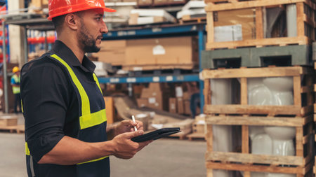 Hispanic men hands touch smart tablet Warehouse management logistics counting checking products on...