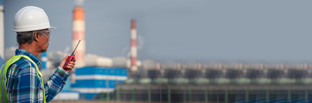 Panorama Technician blue hard hat helmet Engineer industry with copy space. Banner Senior...