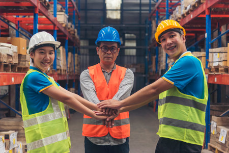 Diversity Teamwork hands stack together trust partner. Warehouse worker fist bump Engineer man,...