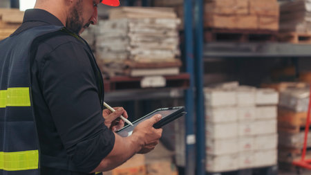 Close up Hispanic men hands using pen touch smart tablet Warehouse management logistics counting checking products on inventory shelf. Man hands worker check stock control in distribution storageの写真素材