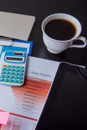 Vertical Excel graph with Spreadsheet Document showing Information Financial Startup Concept. Vertical horizon Financial Planning Account Database annual Report. Business Graphs charts on office deskの写真素材