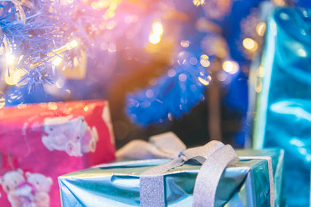 Blurred background golden glitter shiny sparkling banner. Happy Holidays background for template on christmas card brochures posters. Gold bokeh template for digital presentation slideshow backgroundの写真素材