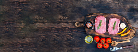 Banner Raw meat beef steak organic fresh ingredient on wooden board table background in kitchen with rosemary, salt, garlic, tomato, olive oil. Meat beef on wooden plate for beefsteak with copy spaceの写真素材