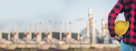 Banner Woman worker hands holding hardhat yellow work helmet Construction Engineer. Panorama Refinery woman worker industry hand hold yellow worker helmet hard hat. Refinery industry with copy spaceの写真素材