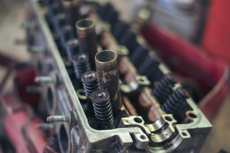 Mechanic tools engineering equipment car auto repair shop with copy space. Blurred background...