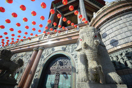 Red lantern tradition lamp on Chinese New Year festival in Chinatown. Celebration hanging Red lantern for luck in temple. East Asia tradition in Asia temple. Religion buddhism festivalの写真素材