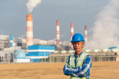 Portrait Senior Electrician engineer man wear White hardhat at Power station electrical plant. Technician men worker with blue hard hat helmet Engineer industry. Mechanic man Manufacturing industrialの写真素材