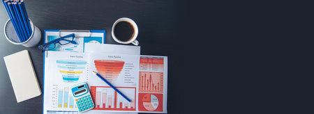 Banner Excel graph with Spreadsheet Document showing Information Financial Startup Concept. Banner Financial Planning Account Database Report. Business Graphs charts on office desk with copy spaceの写真素材