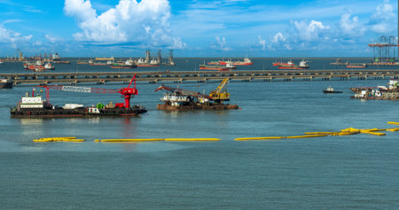 Engineering shipping crane depot at logistic export terminal control. Warehouse freight background container yard loading quayside harbor port. Logistics seascape shipping portal conceptの写真素材