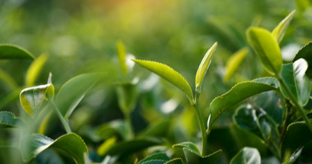 Green tea tree leaves field Fresh young tender bud herbal in farm on summer morning. Sunlight Green tea tree plant camellia sinensis in organic farm. Close up Tree tea plant green nature in morningの写真素材