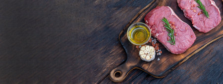 Banner Raw meat beef steak organic fresh ingredient on wooden board table background in kitchen with rosemary, salt, garlic, tomato, olive oil. Meat beef on wooden plate for beefsteak with copy spaceの写真素材