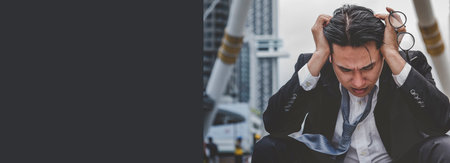 Banner Failure businessman unemployed jobless recession crisis stress and lose job. Panorama Despair Failure bankruptcy businesspeople in middle aged depressed failed situation wide with copy spaceの写真素材
