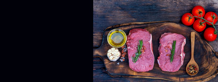 Banner Raw meat beef steak organic fresh ingredient on wooden board table background in kitchen with rosemary, salt, garlic, tomato, olive oil. Meat beef on wooden plate for beefsteak with copy spaceの写真素材