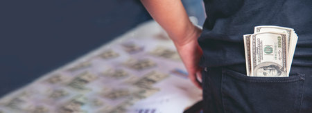 Banner Hand holding loan money dollar bank note financial payment. Banner Man hands showing spread 100 dollar exchange cash with copy space. Saving Businessman money banknote conceptの写真素材