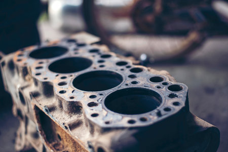 Mechanic tools engineering equipment car auto repair shop with copy space. Blurred background mechanical service. Heavy screw grungy rusted wrenches dirty screwdriver object. Industrial hardware setの写真素材