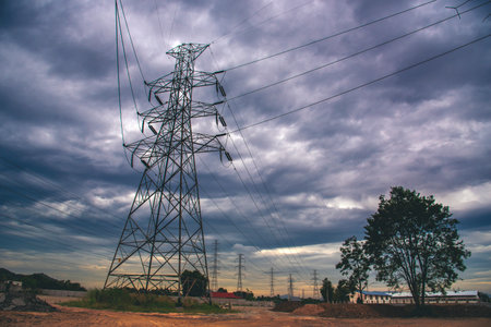 High voltage pole electric wiring distribution landscape energy engineering. Electricity energetic...