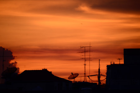 Sunset landscape beautiful sky, dusk golden time dramatic sky. Beautiful landscape high ridge mist panning panorama scenery dawn dramatic sky. Sunrise landscape peak.の写真素材
