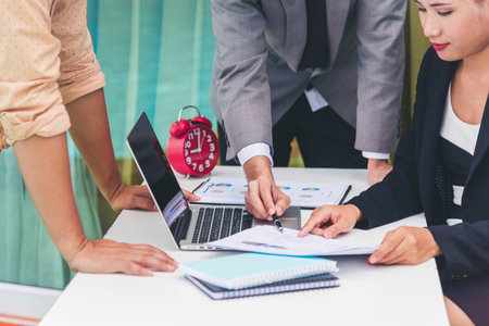 Business strategy team report chart, graph, infographic data analyze financial report plan. Hands...