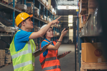 Warehouse management team check stock inventory. Asian men women worker use bar code scaner scan goods shelf writing checklist on clipboard. Teamwork logistics staff counting products store inventoryの写真素材