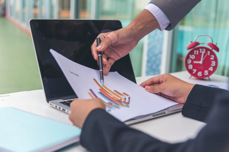 Business strategy team report chart, graph, infographic data analyze financial report plan. Hands...