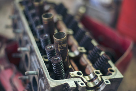 Heavy screw grungy rusted wrenches dirty screwdriver object. Industrial hardware set. Mechanic tools engineering equipment car auto repair shop with copy space. Blurred background mechanical serviceの写真素材