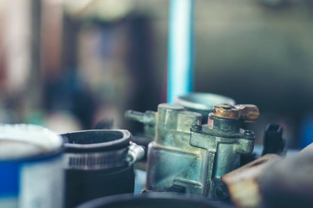 Mechanic tools engineering equipment car auto repair shop with copy space. Blurred background mechanical service. Heavy screw grungy rusted wrenches dirty screwdriver object. Industrial hardware setの写真素材