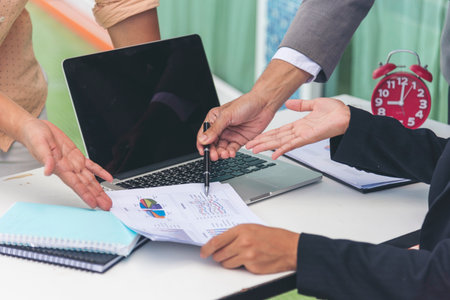 Business strategy team report chart, graph, infographic data analyze financial report plan. Hands team partner planning marketing finance statistics sale report with excel spreadsheet accounttingの写真素材