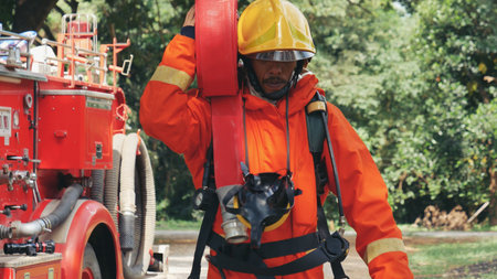 Fireman prepare equipment fighting extinguisher at fire engine truck. Firefighter fighting with...