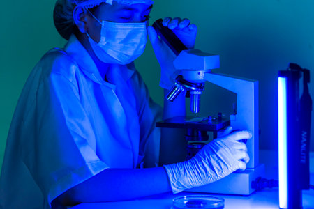 Woman scientist in lab look at science microscope medical test researching biology chemistry in blue light black background. Female technician laboratory analyze genetic research. Chemistry Medicalの写真素材