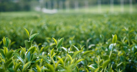 Green tea tree fresh leaves in eco herbal farm. Tree tea plantations in morning sun light. Freshness herbal natural garden farmland. Drinking organic relax heath plant. Green tea tree in farmの写真素材