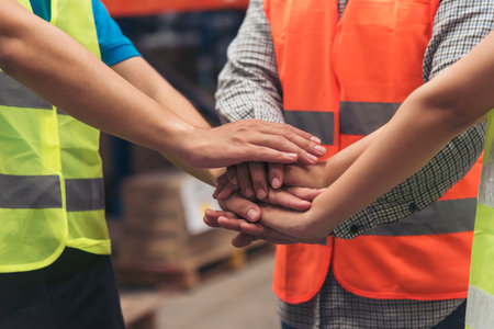 Diversity Teamwork hands stack together trust partner. Warehouse worker fist bump Engineer man, women hands holding partnership. Multiracial people fist bump partner colleague logistics Warehouseの写真素材