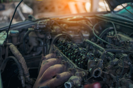 Heavy screw grungy rusted wrenches dirty screwdriver object. Industrial hardware set. Mechanic tools engineering equipment car auto repair shop with copy space. Blurred background mechanical serviceの写真素材