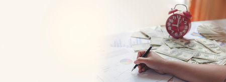 Banner Businessman reading financial graph charts Planning infographic data. Banner Men hands...